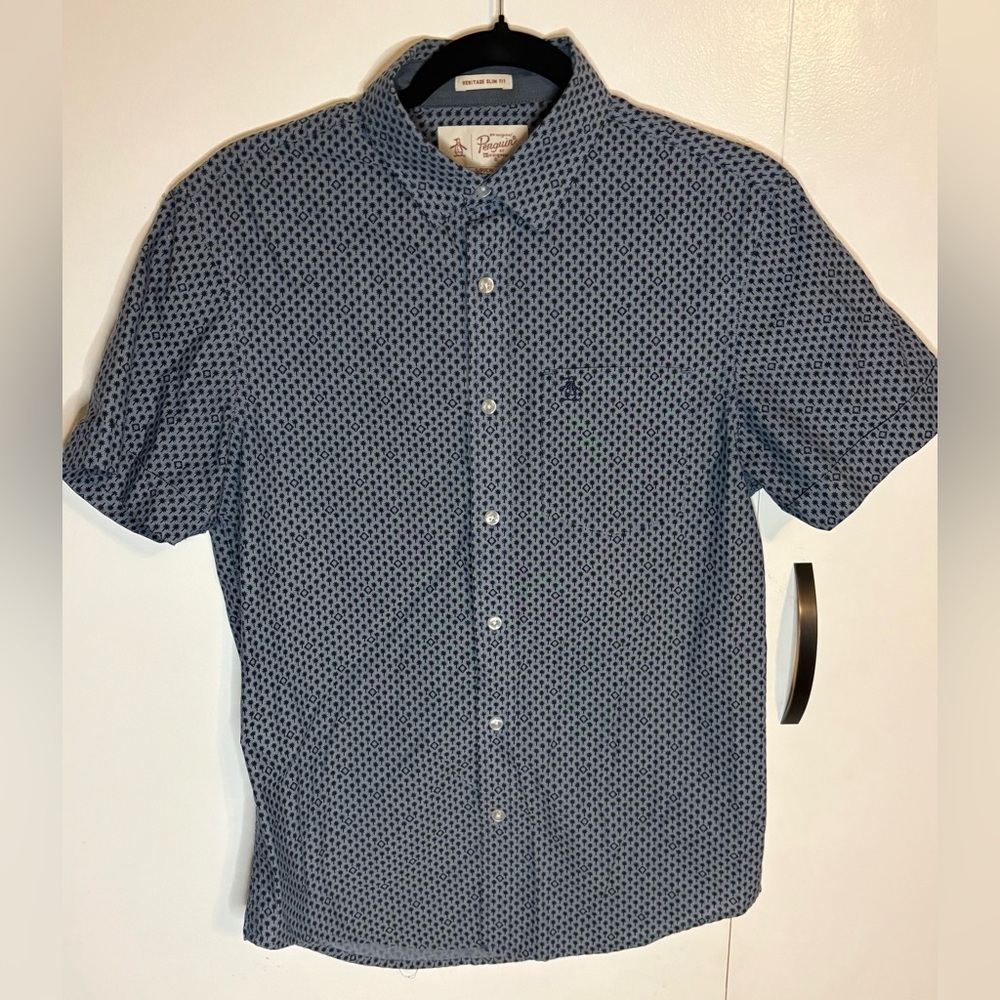 Men’s Penguin Navy Blue Palm Tree Slim Fit Short Sleeve Button Up Shirt Sz Small